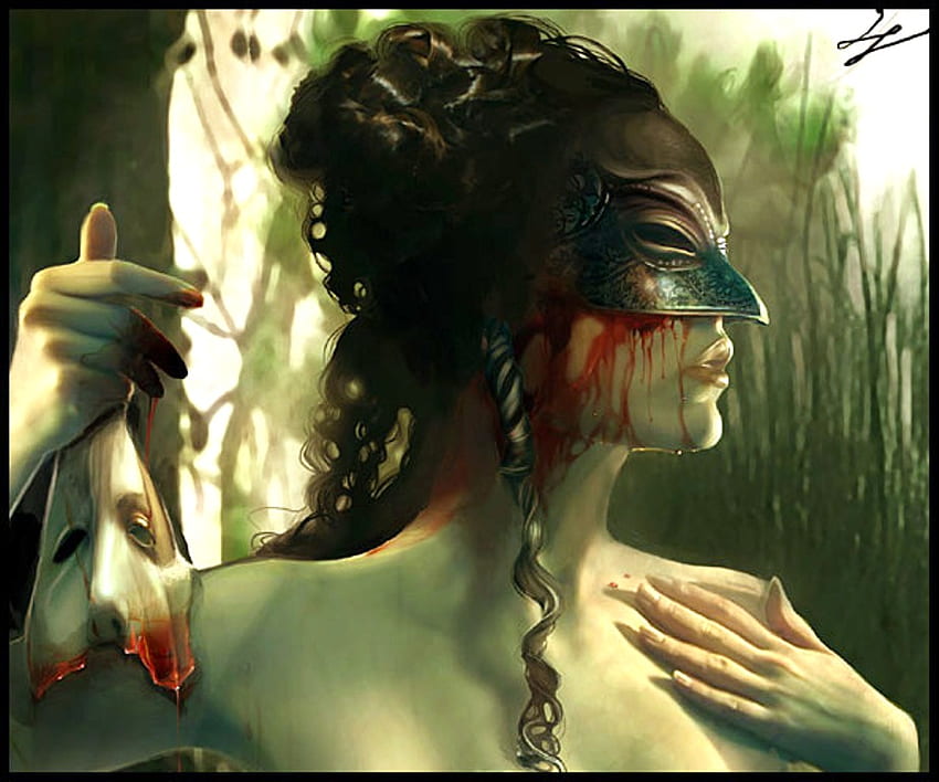 Mask Of Pain, mask, beautiful, dark, woman, lady, 3d, fantasy, abstract, cg, red, blood HD wallpaper