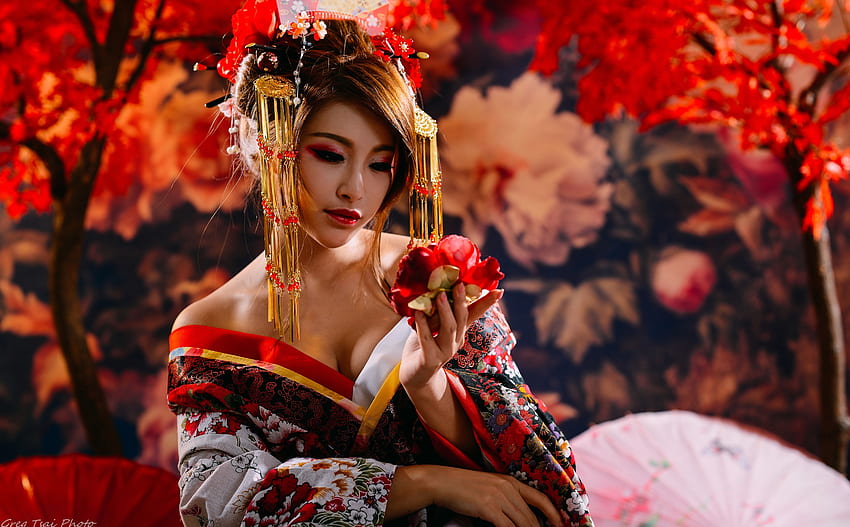 Wanita Jepang, gaun kimono bermotif bunga putih, merah, dan kuning wanita Wallpaper HD