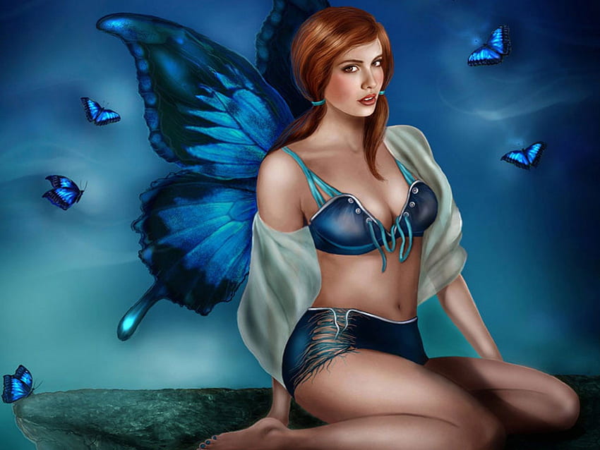 蝶の妖精バージョン 2、青、妖精、蝶、ファンタジー、赤毛 高画質の壁紙