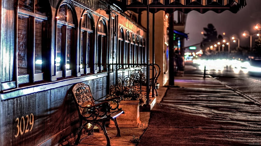 bangku di luar restoran di malam hari r, malam, bangku, restoran, trotoar, jalan, r Wallpaper HD