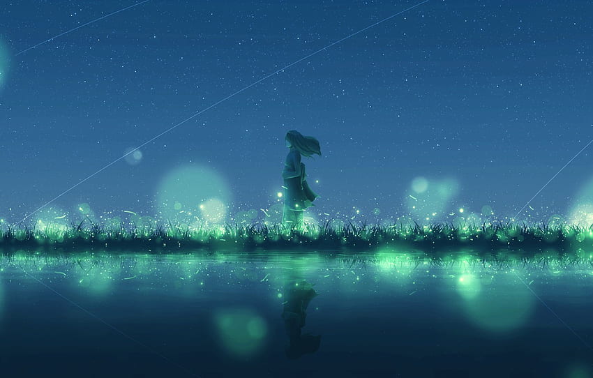 720P Free download | water, girl, night, fireflies for , section арт ...