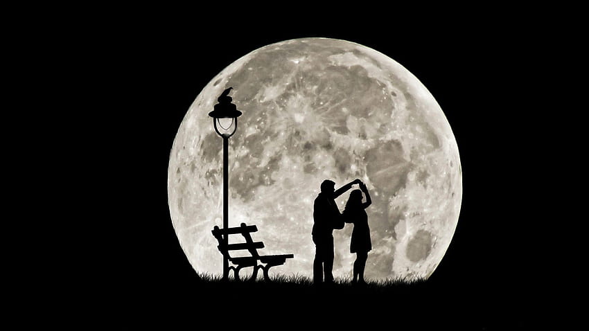 bench, dancing, lantern, romance, Moon, night, love, Romantic Moon HD wallpaper
