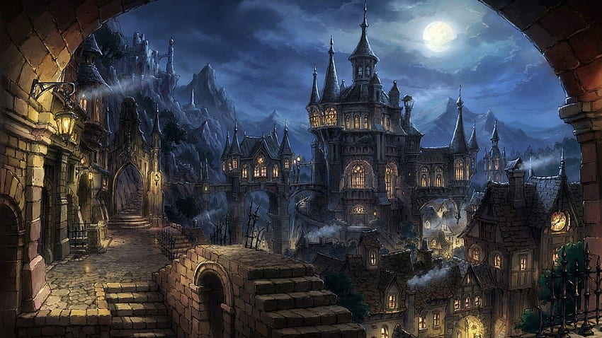 Fantasiekunst, Stadt, Nacht, Fantasiestadt, Kathedrale, Metropole, gotische Architektur, Dunkelheit, schirm, Computer HD-Hintergrundbild