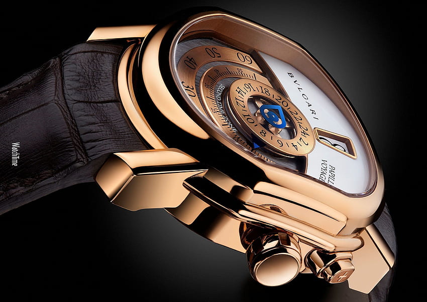 Runde goldfarbene Analoguhr mit schwarzem Lederarmband, Uhr, Bvlgari HD-Hintergrundbild