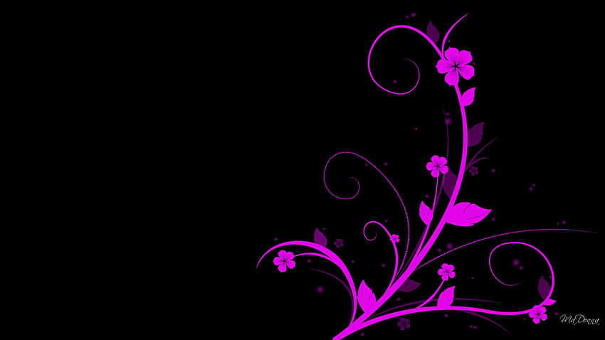 Merah Muda Terang di Hitam, merah muda, hitam, abstrak, bunga, sulur, layar lebar Wallpaper HD