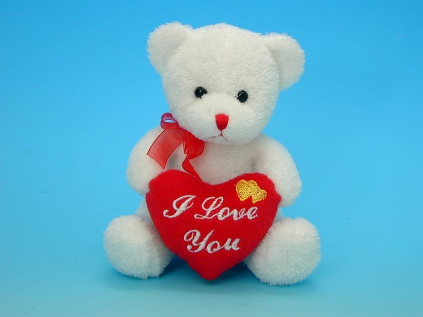 Teddy bear, blue, tenderness, feeling, love, red, romantic, heart, i love you HD wallpaper