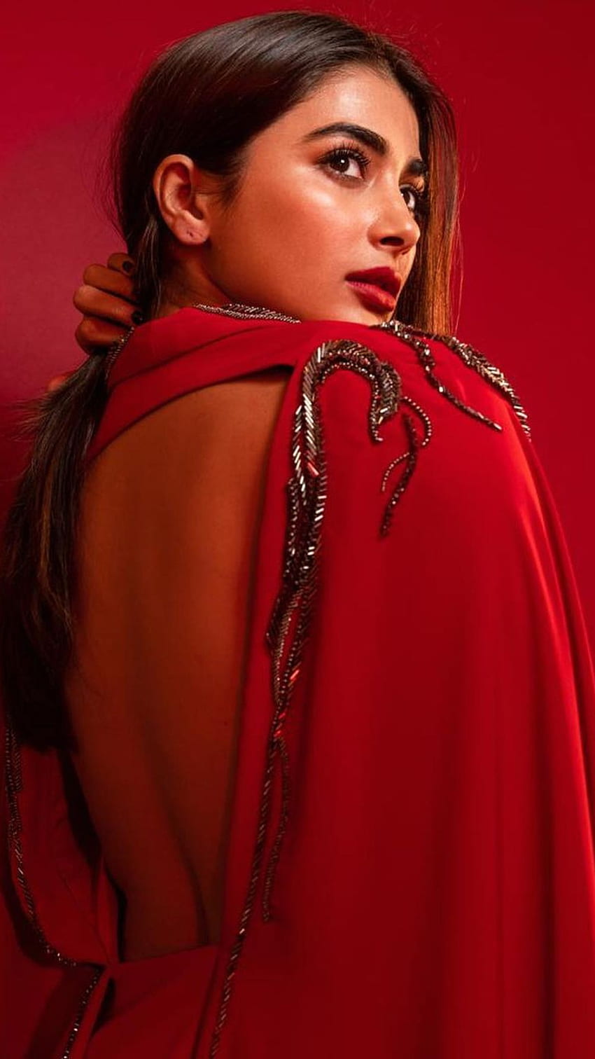 Indian Heroine, Pooja Hegde In Red Dress, South Actress HD phone wallpaper