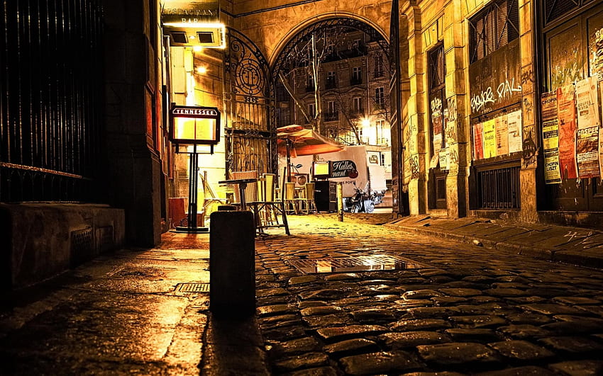 cobblestone alley, night, cobblestones, restaurants, city, lights, alley HD wallpaper