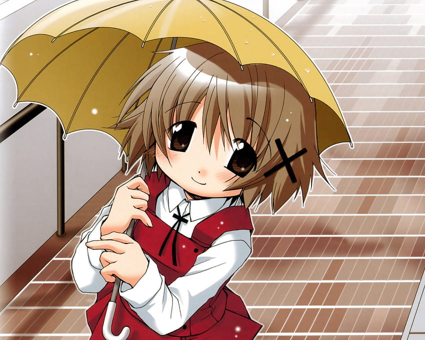Yuno, ombrello, anime, schizzo di Hidamari, uniforme scolastica, ragazza della scuola Sfondo HD