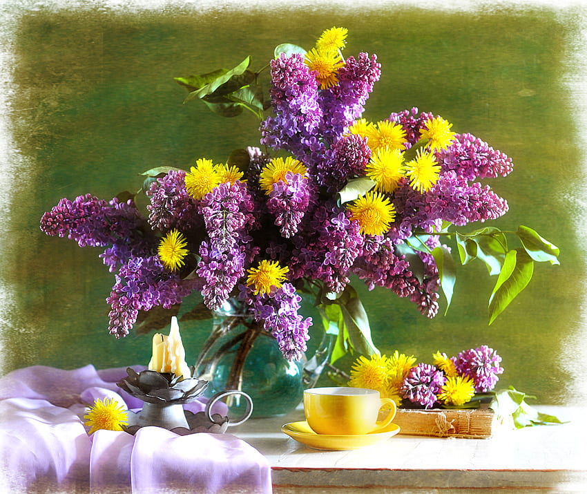 Vibrant spring, lilacs, vase, beautiful, cup, spring, silk, purple, book, candle, wax, green, yellow, bold, flowers, saucer, lilac HD wallpaper
