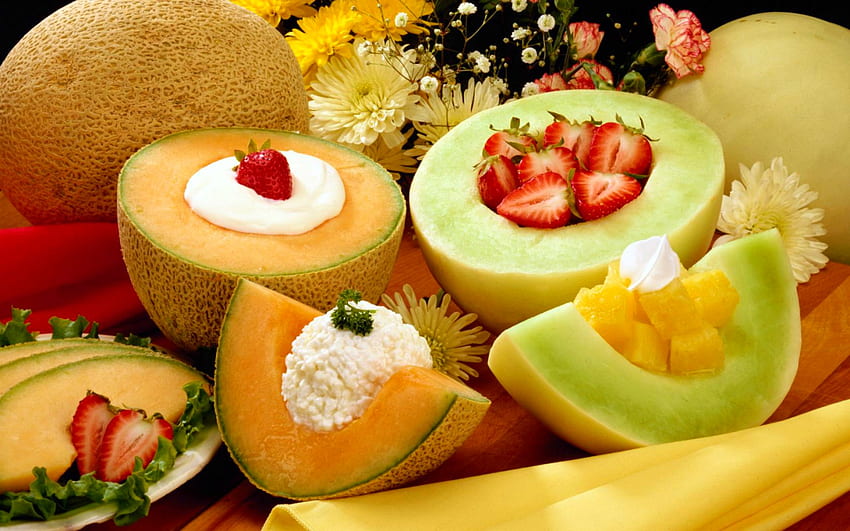 L'heure du petit déjeuner, rouge, fraises, orange, nourriture, citron vert, crème, melons Fond d'écran HD