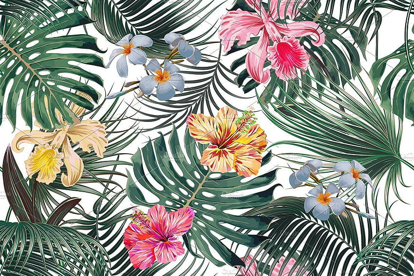 tropikalne liście, wzór kwiatów. Wzory tła, Wzory graficzne, Wzory graficzne, Tropikalne liście kwiatowe Tapeta HD