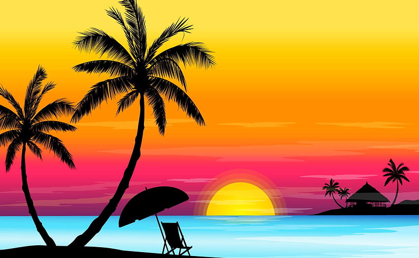 Честито лято!, море, черно, плаж, лято, палмово дърво, розово, празник, фантазия, жълто, luminos, слънце, силует, залез HD тапет