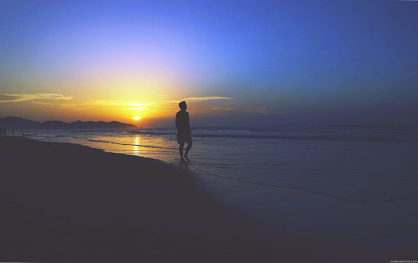 sad alone man at sunset beach waves full nature HD wallpaper