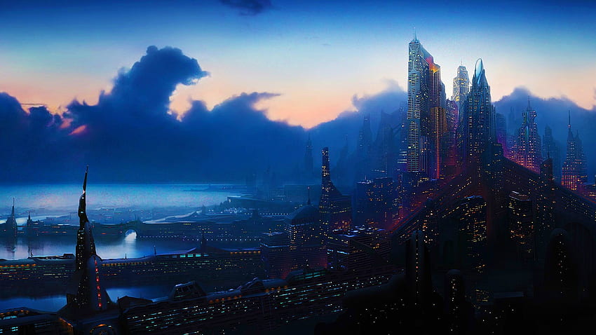 киберпънк научна фантастика научна фантастика футуристичен свят градове архитектура сгради небостъргачи нощни светлини прозорец детайл технологии марина пристанище oc. HD тапет