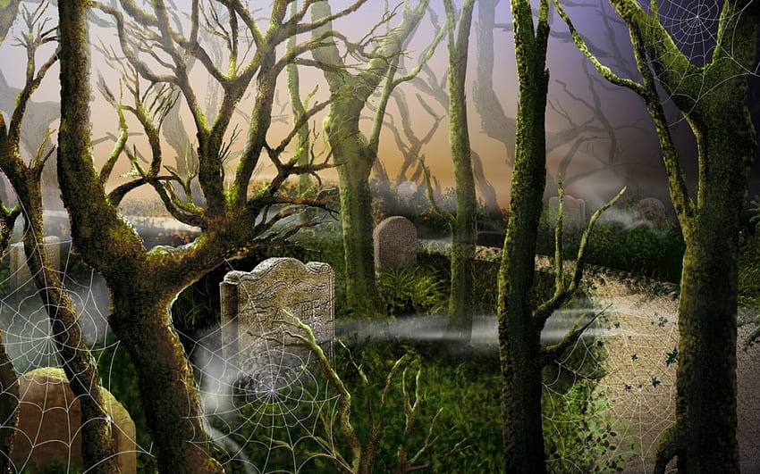 Plot Pemakaman, kuburan, pohon, batu nisan, sarang laba-laba Wallpaper HD