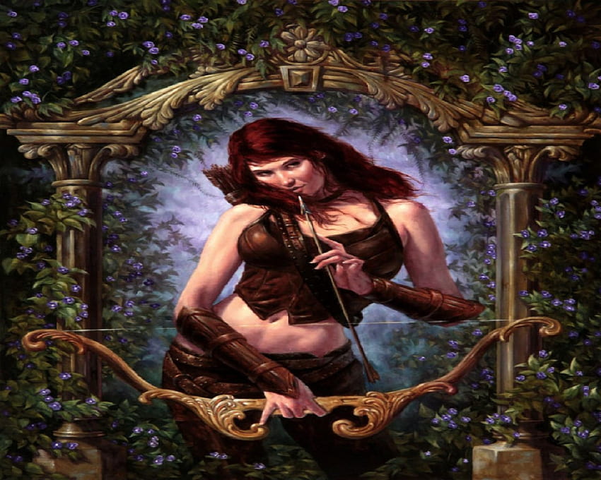 Archer In The Graden, archer, red head, flowers, woman, graden HD wallpaper