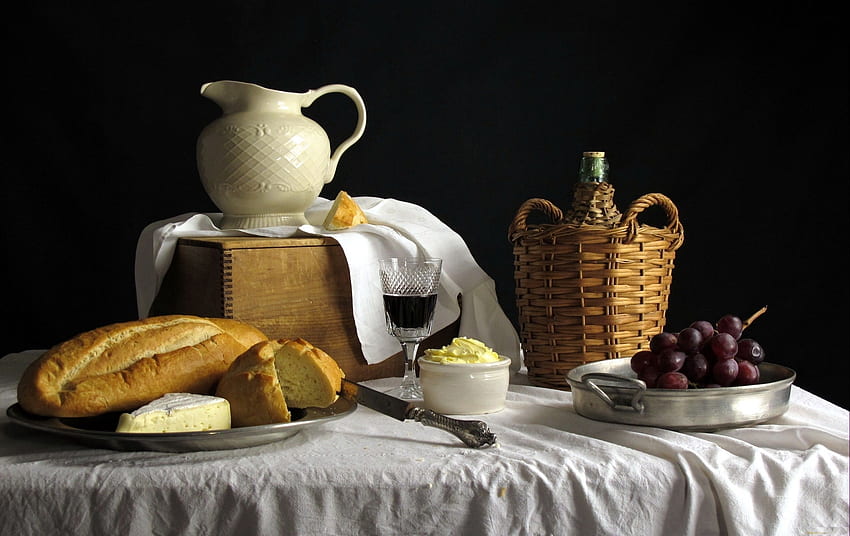 Food, Grapes, Still Life, Table, Bread HD wallpaper