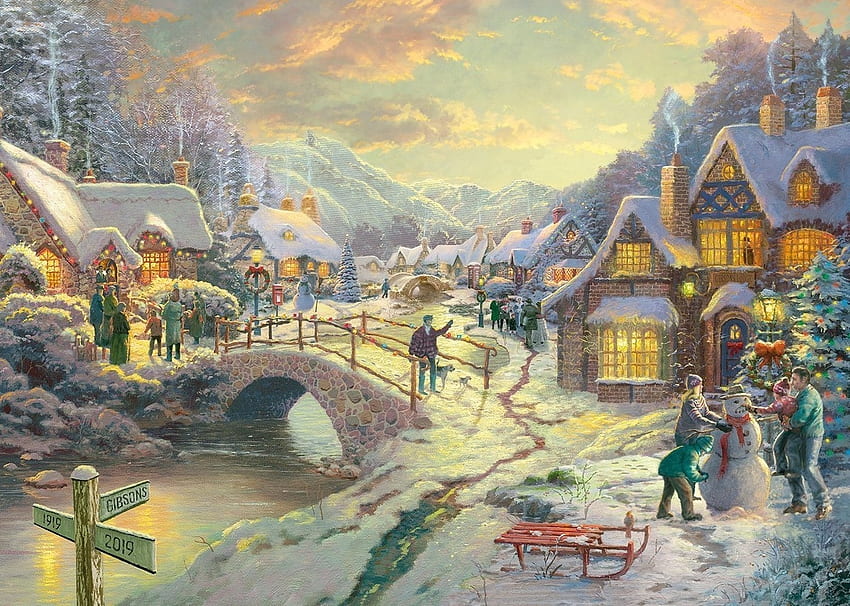 villaggio invernale, inverno, vintage, neve, villaggio Sfondo HD