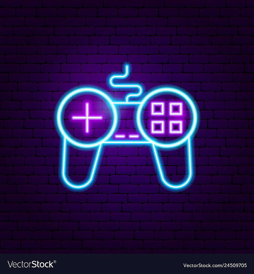 Premium Vector  Neon game joystick icon, glowing joystick on a brick wall  background, vector illustration
