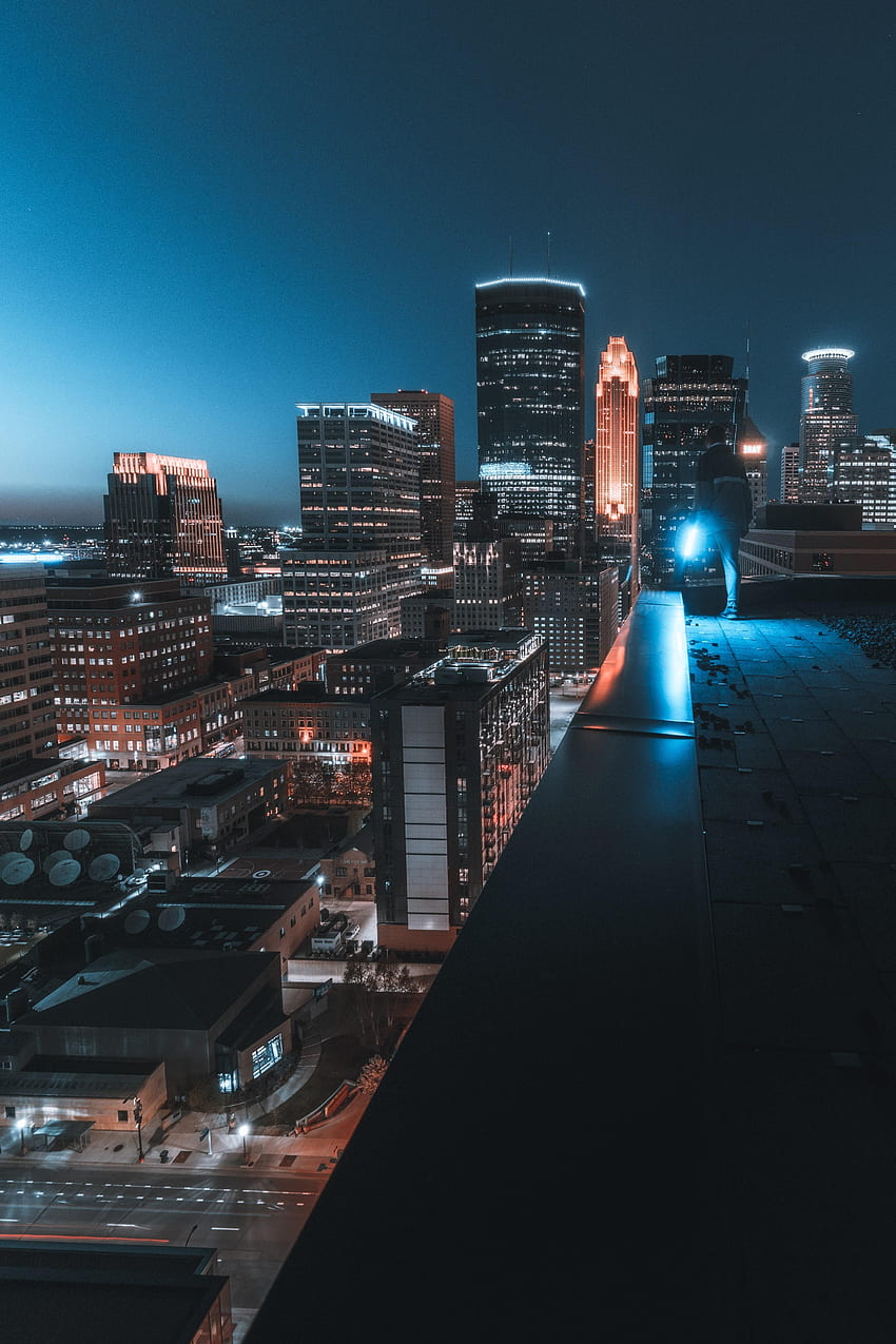 Night, City, Building, Dark, Human, Person, Roof HD phone wallpaper