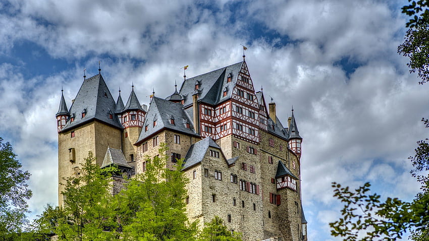 wonderful burg eltz castle in germany, clouds, trees, castle, hill HD wallpaper