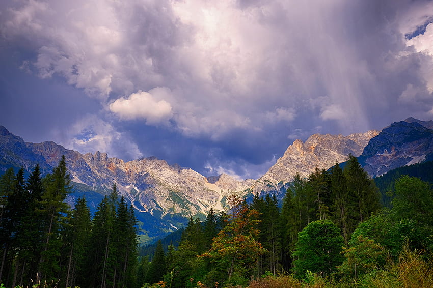 Natura, alberi, montagne, autunno, nuvole, paesaggio montano, paesaggio autunnale Sfondo HD