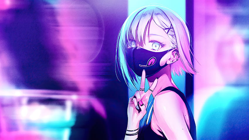 Anime Girl City Lights Neon Face Mask、アニメ、、、背景、および、Anime with Mask 高画質の壁紙