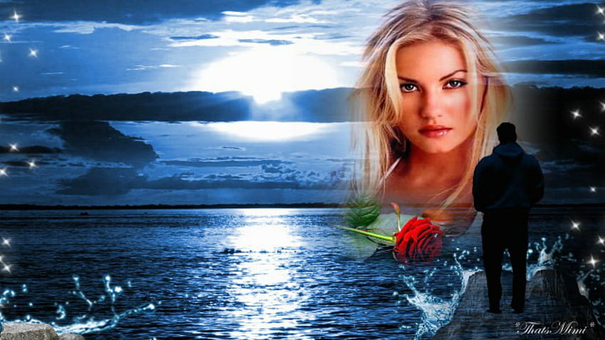 Liebes-Fantasie!, blau, Fantasie, hübsch, Liebe, Paar, rote Rose HD-Hintergrundbild