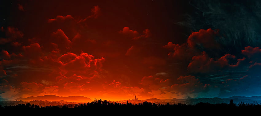 Chmury, zachód słońca, niebo, Wiedźmin 3: Dziki Gon Tapeta HD