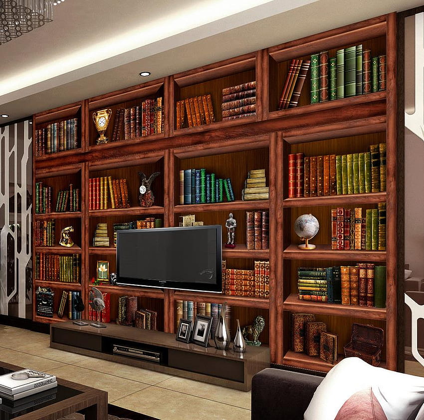 US $14.4 55% OFF. classic For Walls Custom 3D Living Room Bookshelf Bookcase Mural 3D In From Home Improvement HD wallpaper
