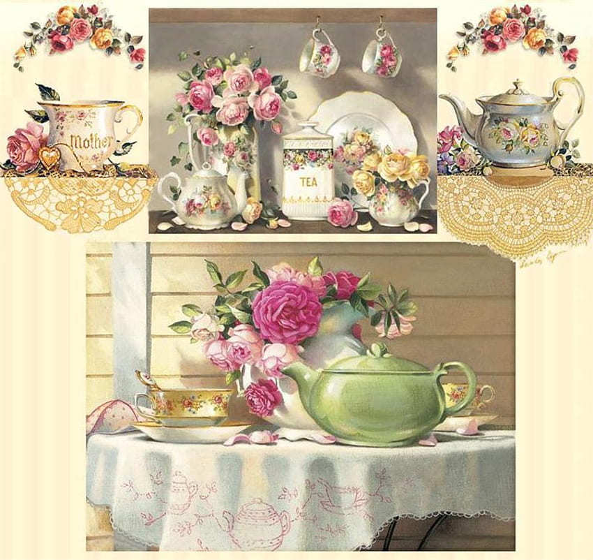 Té, mesa, estante, peonías, rosas, platos, tazas de té, servidor de té, jarra, paño, cuchara fondo de pantalla