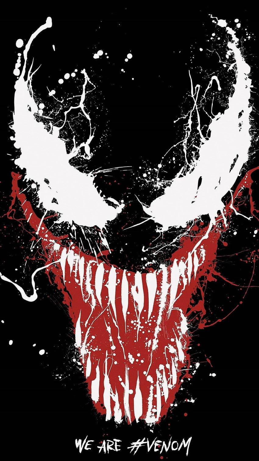 Venom, super-héros Marvel, peinture, éclaboussures, yeux, dents, fond noir, Venom rouge et noir Fond d'écran de téléphone HD