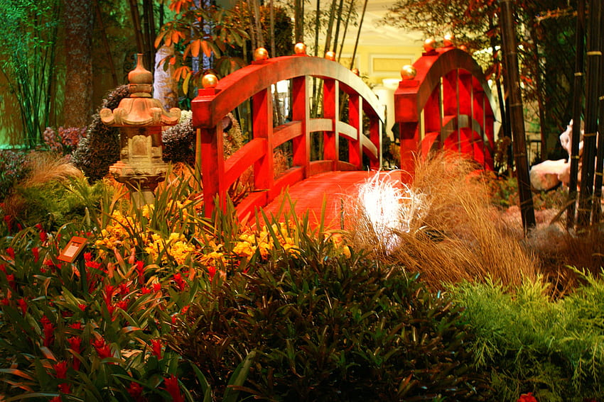 동양의 다리, 다리, 정원, 설날, 빨강 HD 월페이퍼