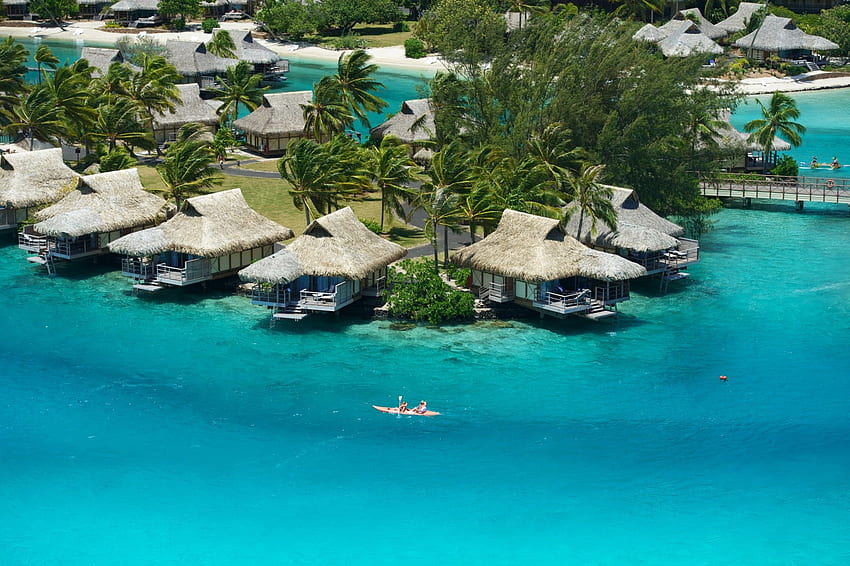 Moorea Blue Lagoon and Water Bungalows, island, blue, teal, tropical, tahiti, beach, bungalows, water, islands, ocean, sea, villas, exotic, paradise, moorea, aqua, lagoon, turquoise, polynesia HD wallpaper