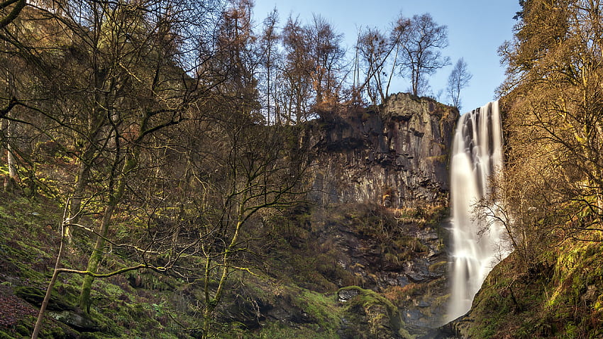 Пейзажна гледка към водопад от скали, водорасли, покрити със зелени дървета, склон, природа HD тапет