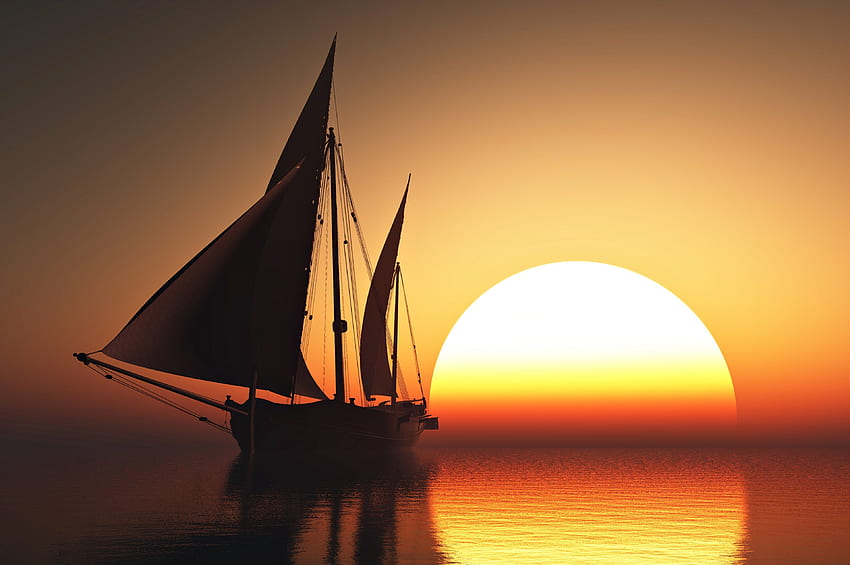 Sea sunset boat Sailing sun sky orange beauty romantic emotions, Ship Sunset HD wallpaper