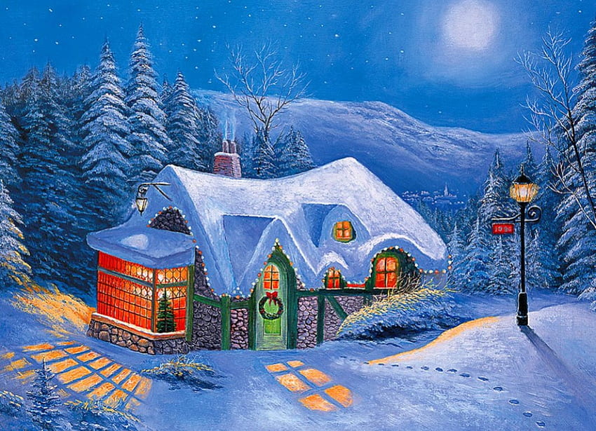 Silent night, winter, night, blue, silent, serenity, nice, quiet, holiday, moonlight, painting, moon, snow, trees, frost, frozen, art, slope, house, cold, beautiful, mountain, cabin, nature, sky, lantern, cottage, lovely, calmness, ice, evening, home HD wallpaper