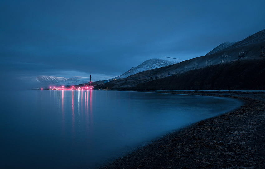 mountains, night, shore, Svalbard, Svalbard, Spitsbergen, light lantern, KSAT, Reuben Wu, Satellite station for , section природа HD wallpaper