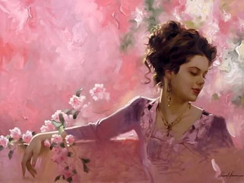 painting, pink, lady, flower HD wallpaper