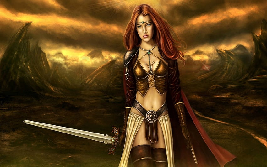Red Head Warrior, red head, sword, fantasy, woman HD wallpaper