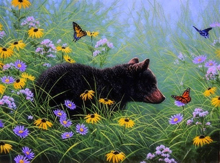 Schmetterlinge & Schwarzbär, Gemälde, Frühling, Sommer, Schmetterlinge, Liebe vier Jahreszeiten, Bären, Tiere, Schmetterlingsdesigns, Natur, Blumen HD-Hintergrundbild