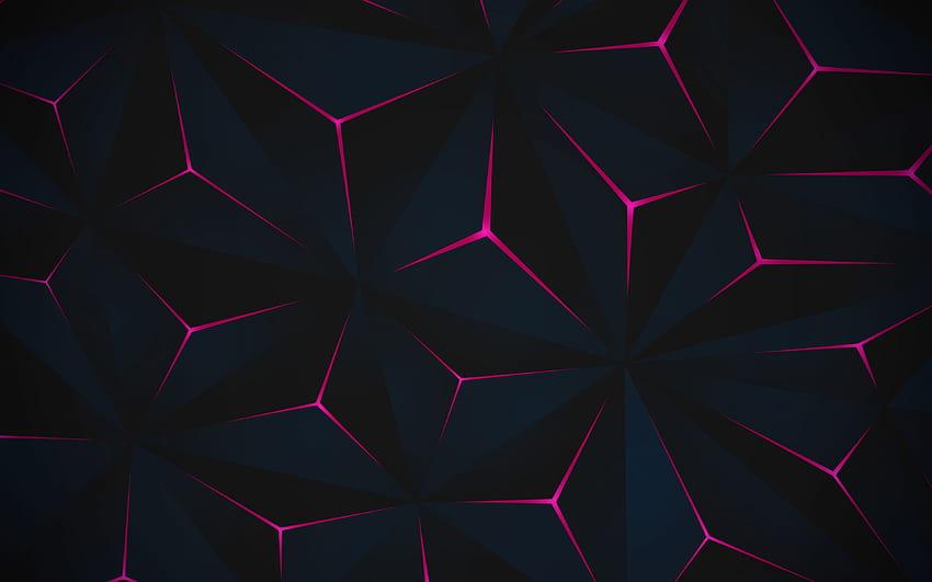 black 3d pyramids background, black polygons 3d background, black polygons, purple neon light HD wallpaper