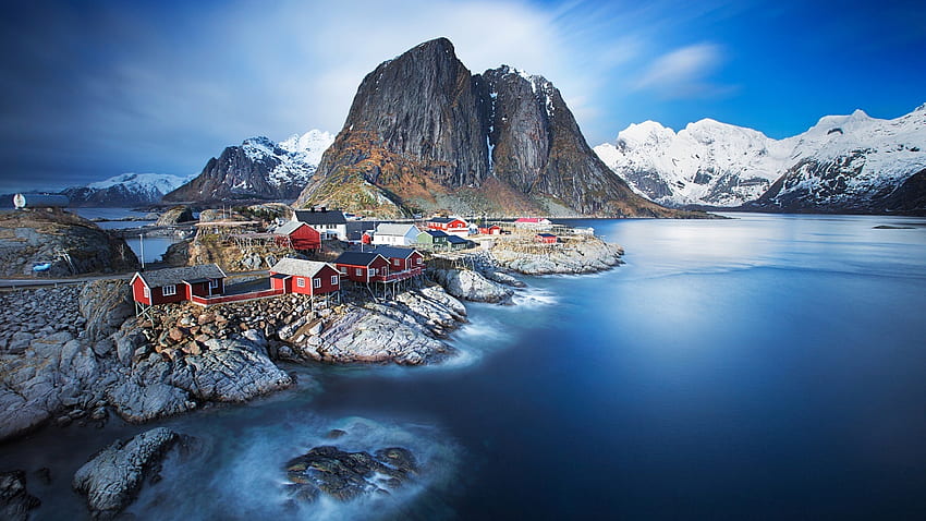 remote red nordic village, red, bay, mountains, rocks, village HD wallpaper