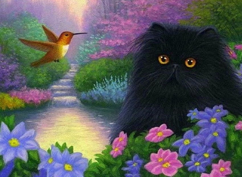 Dans le jardin, chat noir, roses, attractions dans les rêves, chats, jardin, peintures, printemps, amour quatre saisons, animaux, colibri, dessiner et peindre, fleurs Fond d'écran HD