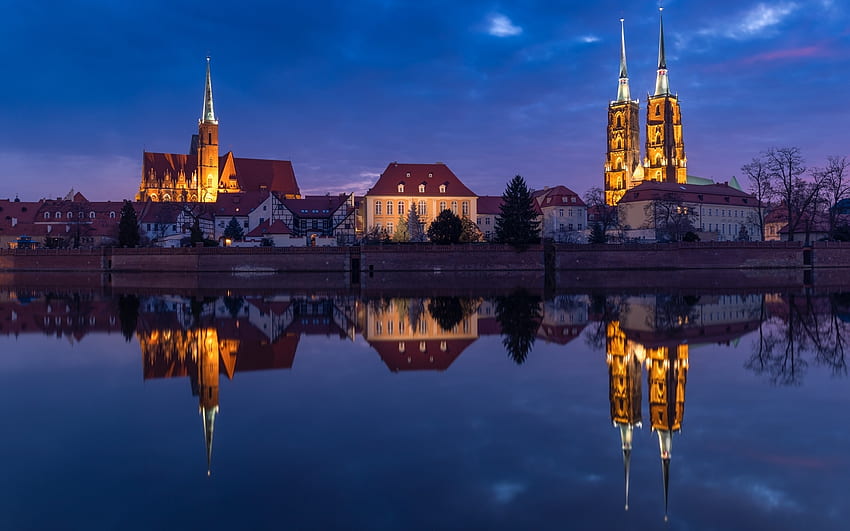 Catedral em Wroclaw, Polônia, noite, rio, igreja, Polônia, calma papel de parede HD