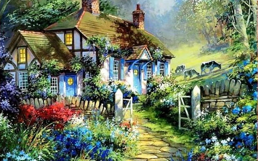 small house in the country, cottage, architecture, painting, house HD wallpaper