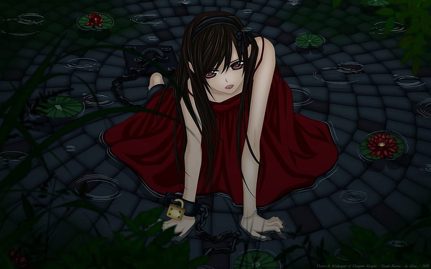 el lado oscuro de yuki!!?!, pálido, ojos rojos, niña, cabello negro, vampiro, arbustos, suelo, vestido rojo, oscuro, anime, flores, nenúfares, cadenas fondo de pantalla