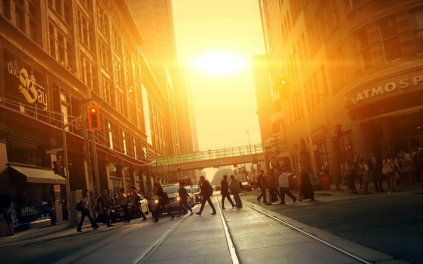 Travessia de pedestres do pôr do sol da vida urbana papel de parede HD