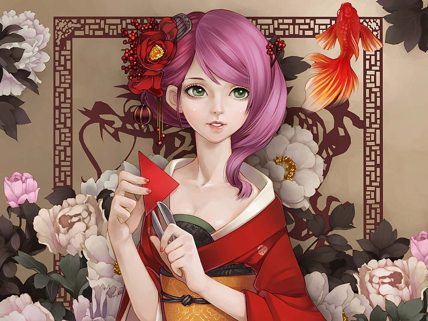 Beautiful kimono Japanese anime girl, pink hair, green eyes, Anime Japanese Art HD wallpaper